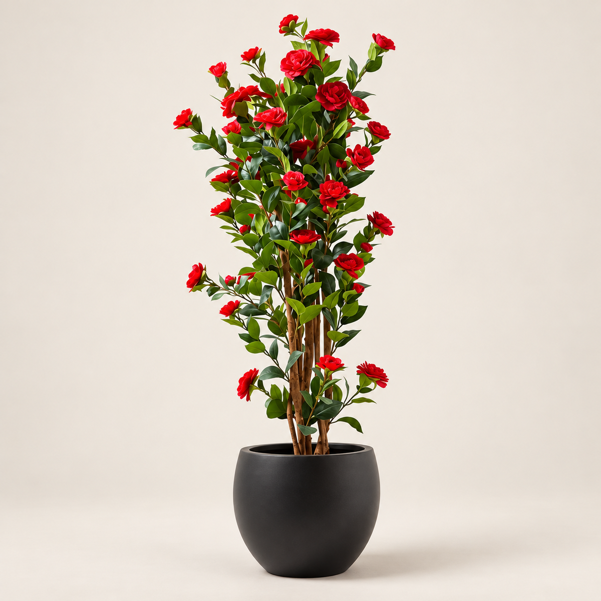 Red Artificial Camellia Plant With Natural Wooden Trunk