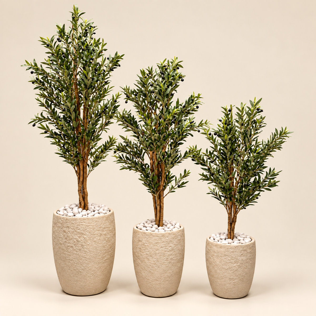 Premium Artificial Olive Tree with Real Wooden Trunk, Tall Textured Pot & White Pebbles