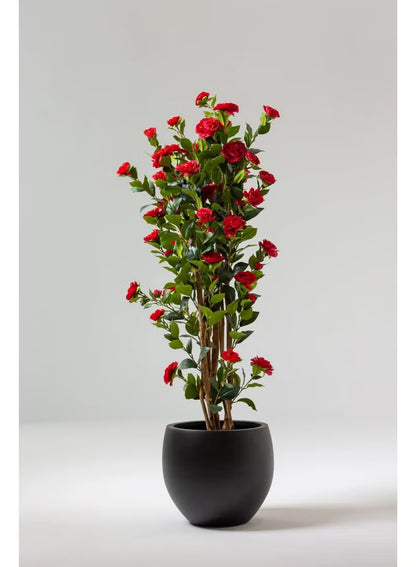 Red Artificial Camellia Plant With Natural Wooden Trunk