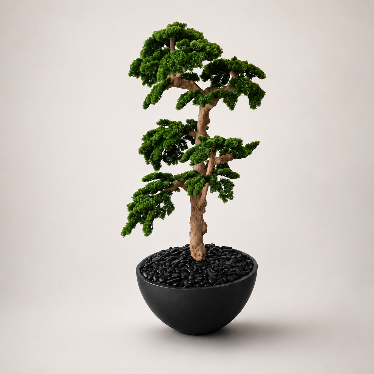 Artificial Verdant Bonsai Tree with Sculpted Branches, Natural-Style Trunk and Black Bowl Planter