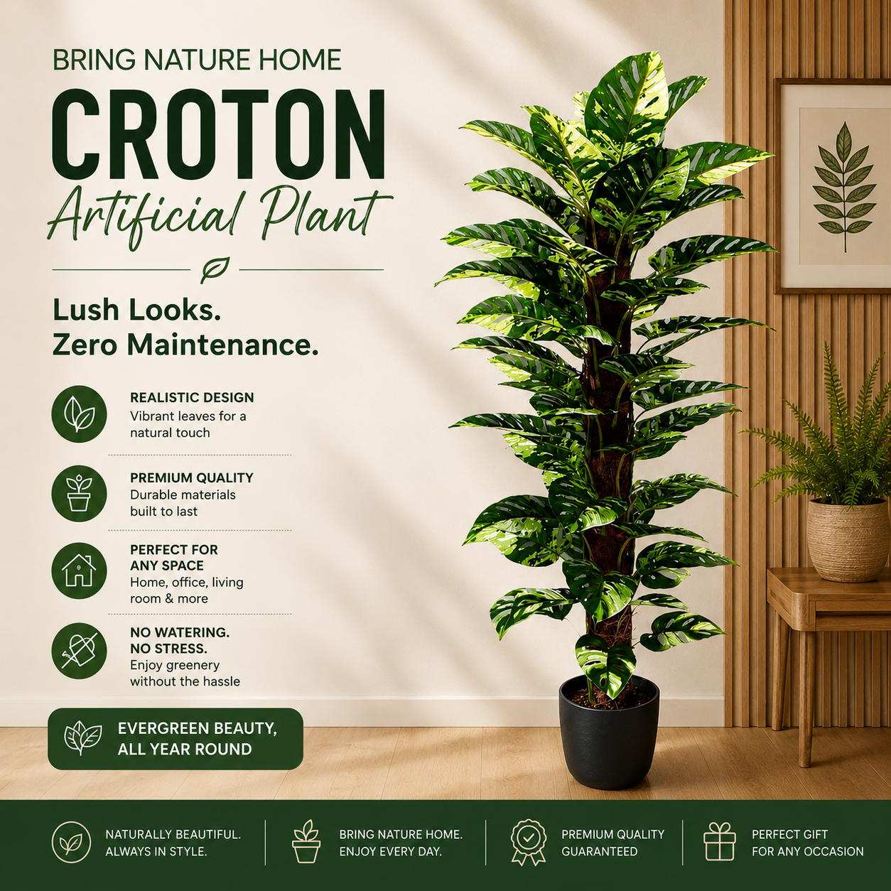 Artificial croton plant with promotional text and features on a neutral background