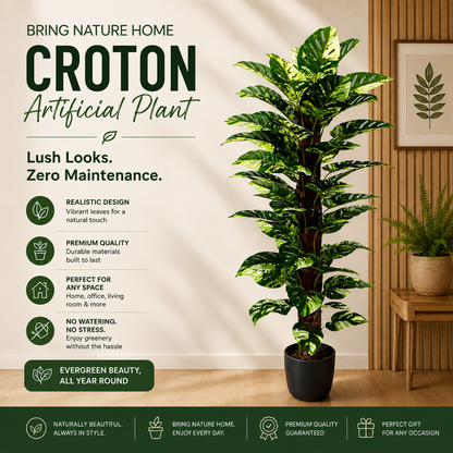 Artificial croton plant with promotional text and features on a neutral background