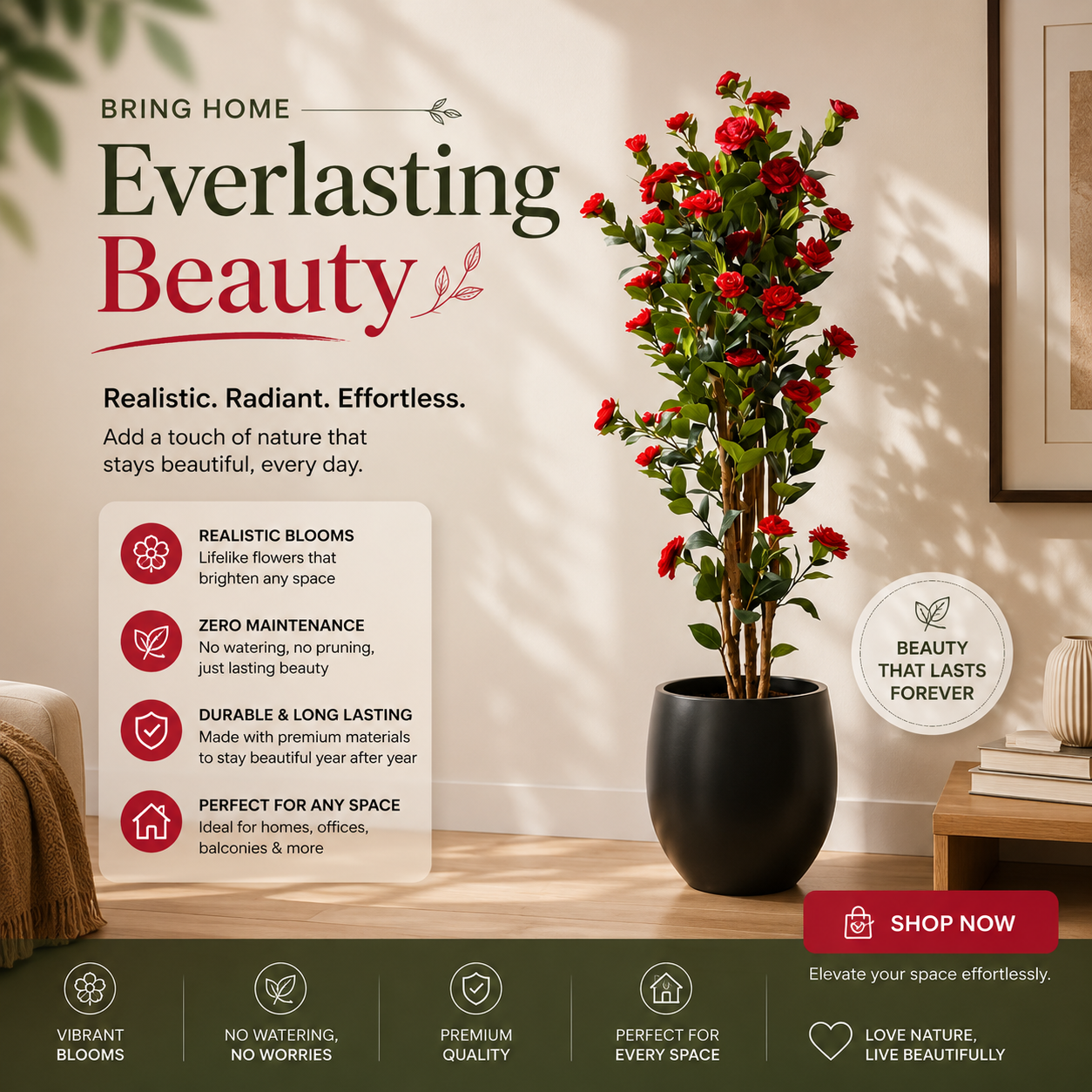 Red Artificial Camellia Plant With Natural Wooden Trunk