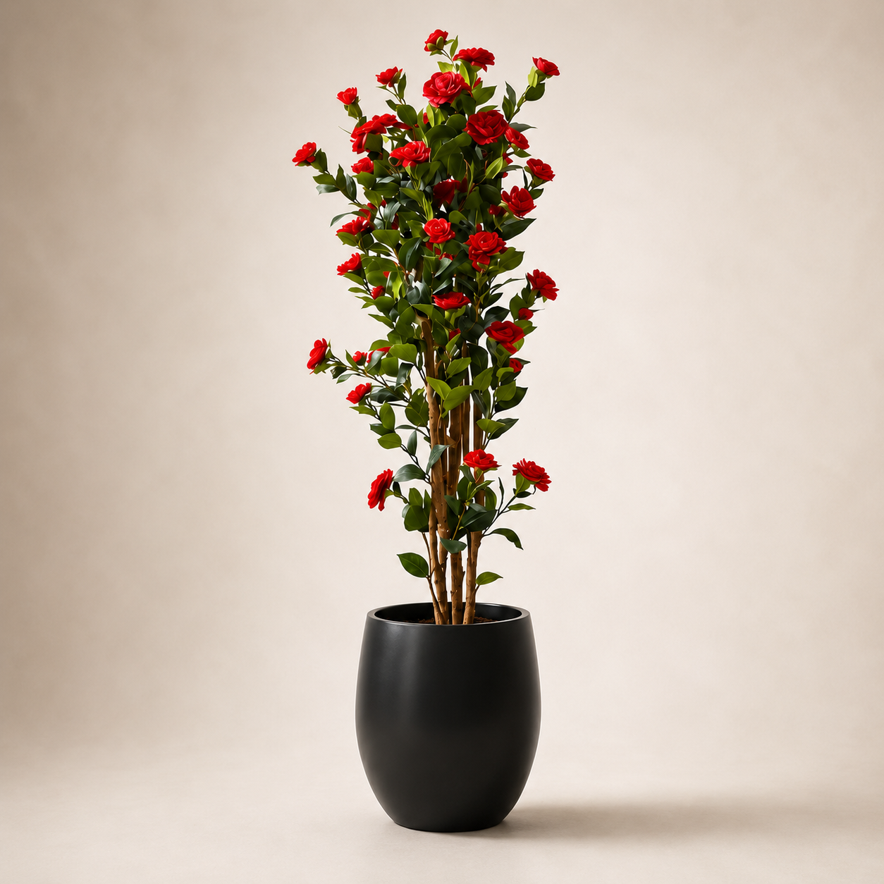 Red Artificial Camellia Plant With Natural Wooden Trunk