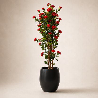 Red Artificial Camellia Plant With Natural Wooden Trunk