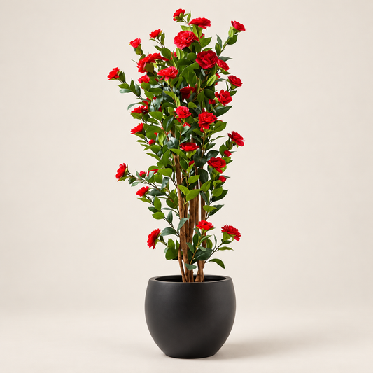 Red Artificial Camellia Plant With Natural Wooden Trunk