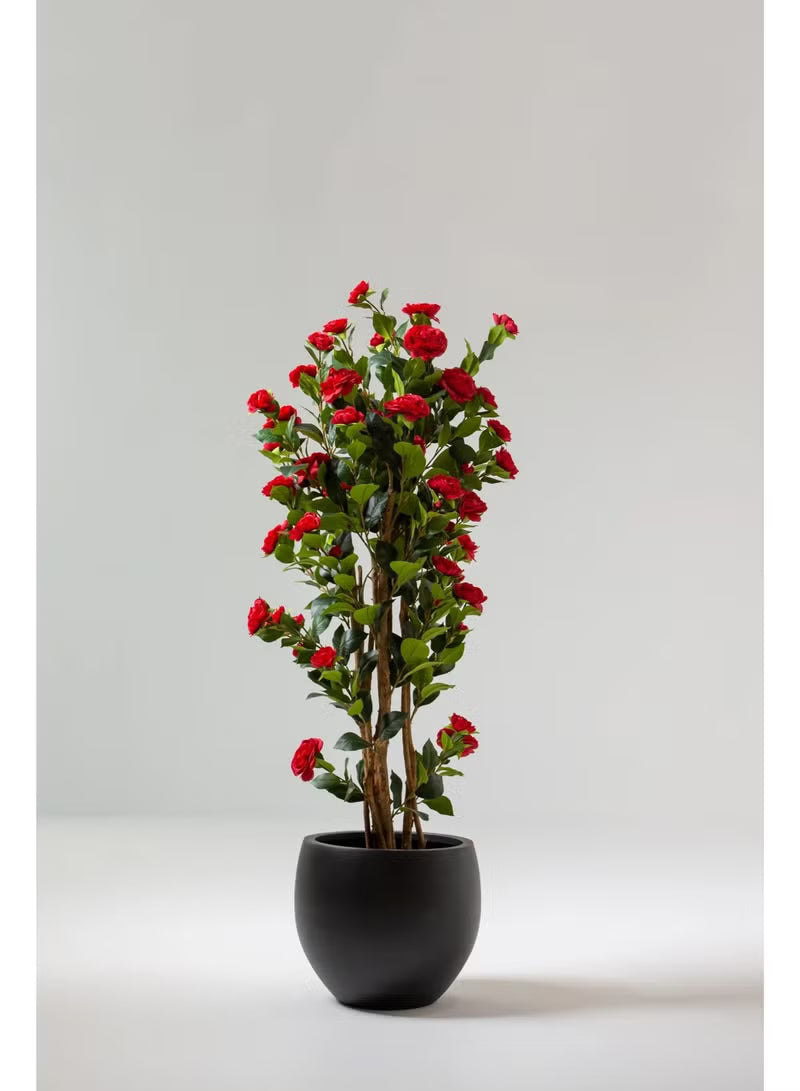 Red Artificial Camellia Plant With Natural Wooden Trunk