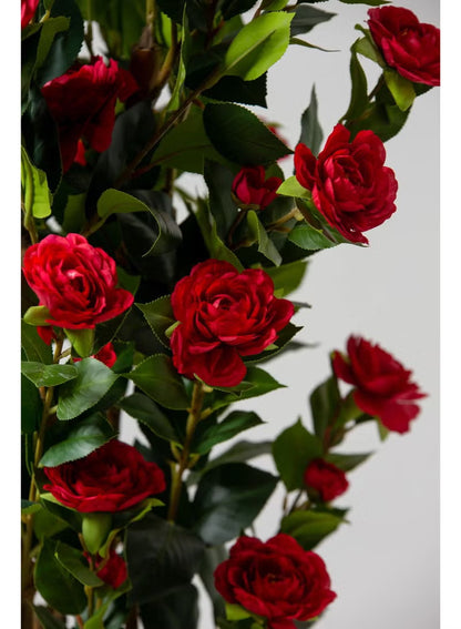 Red Artificial Camellia Plant With Natural Wooden Trunk